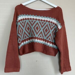 Altar’d State Crop Sweater Long Sleeve Southwestern Aztec Brown Boxy Slouchy XS